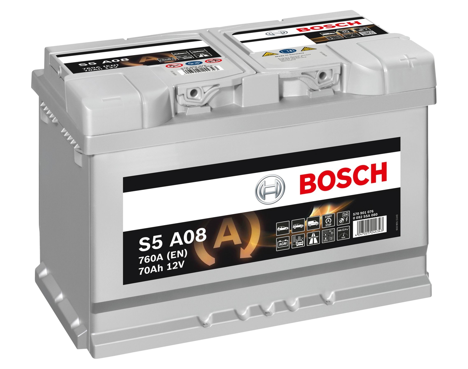 Autobatterie Bosch S5A08 Start-Stop 12V 70Ah 760A AGM Starterbatterie  0092S5A080 4047025244343