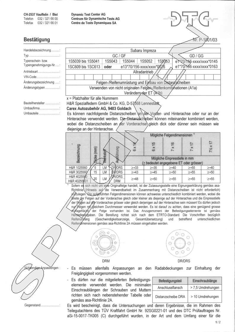 H&R DTC Zertifikat - H&R Spurverbreitungen P-1001/03