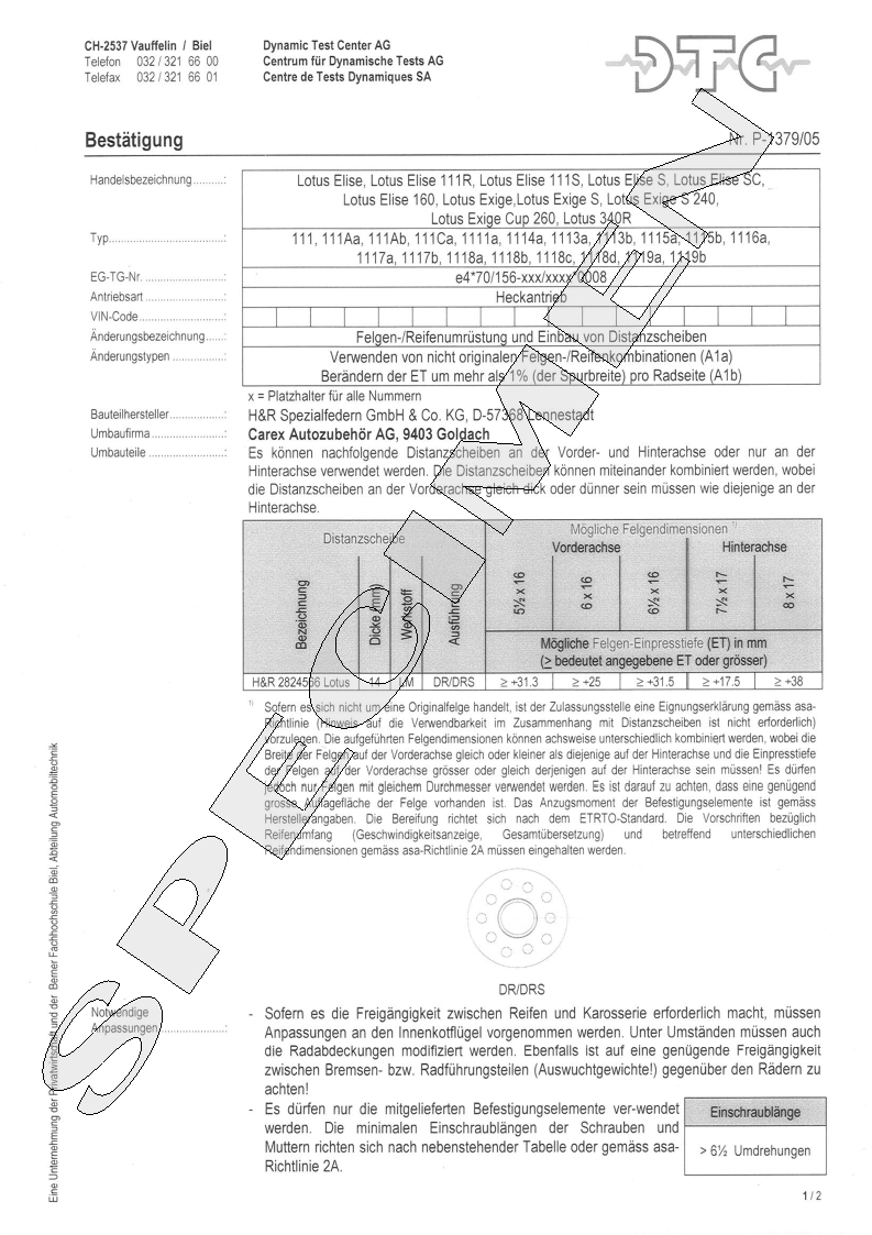 H&R DTC Zertifikat - H&R Spurverbreitungen P-1379/05