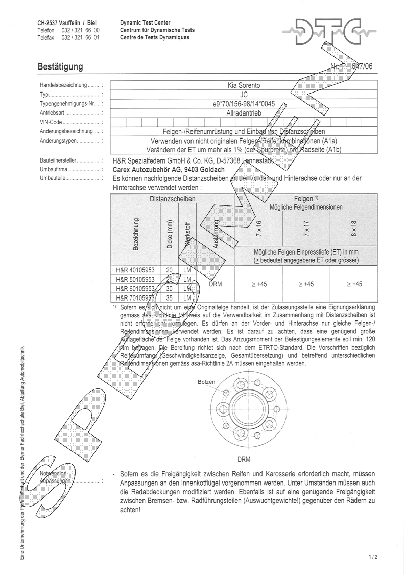 H&R DTC Zertifikat - H&R Spurverbreitungen P-1647/06