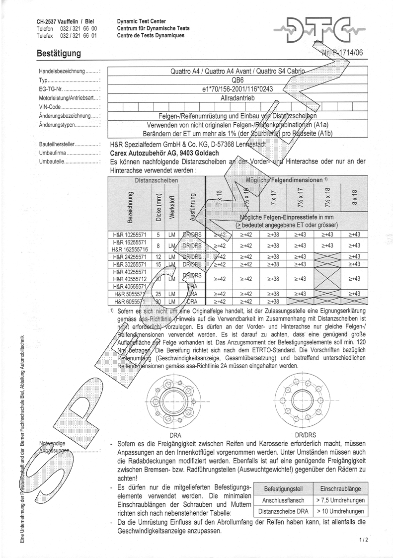 H&R DTC Zertifikat - H&R Spurverbreitungen P-1714/06