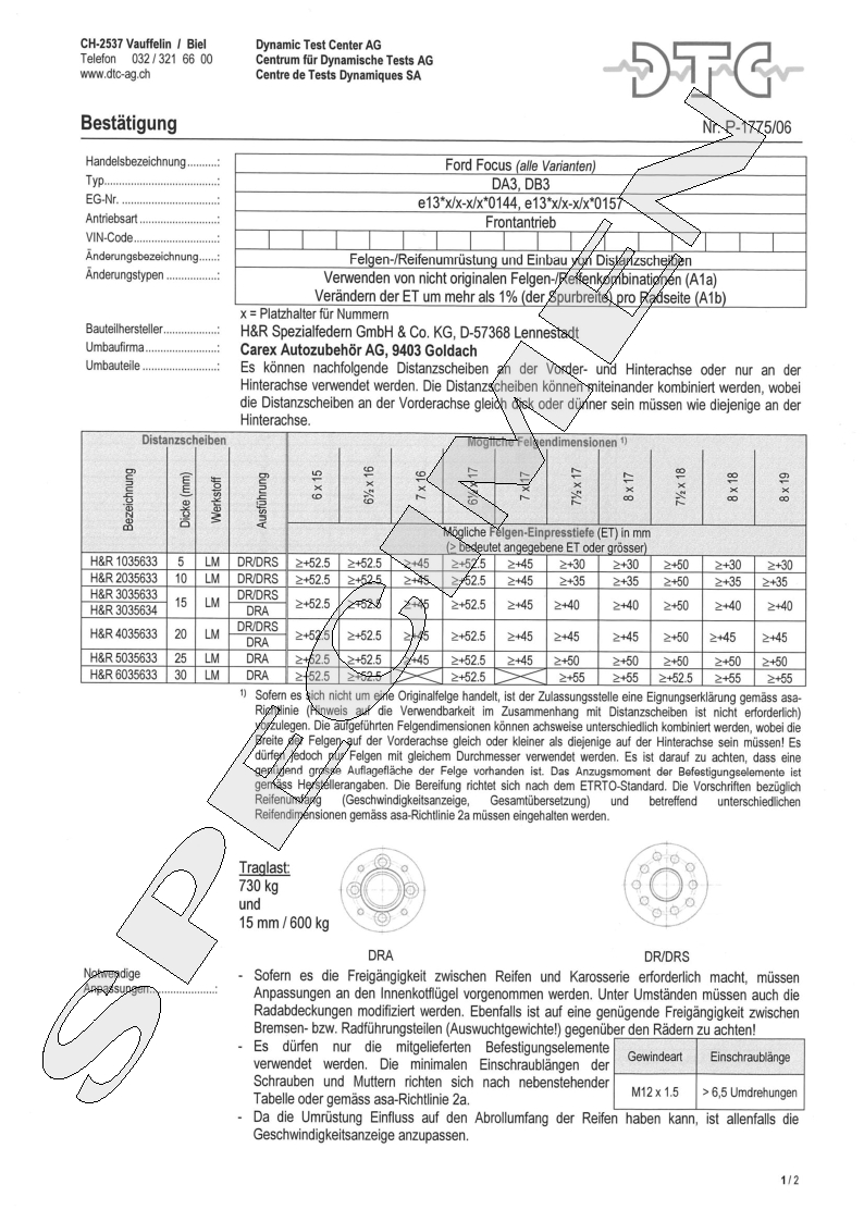 H&R DTC Zertifikat - H&R Spurverbreitungen P-1775/06