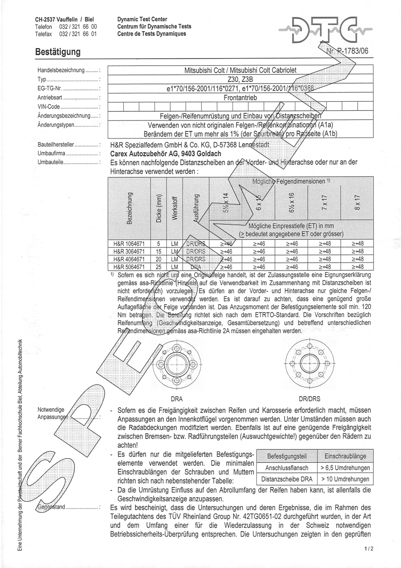 H&R DTC Zertifikat - H&R Spurverbreitungen P-1783/06