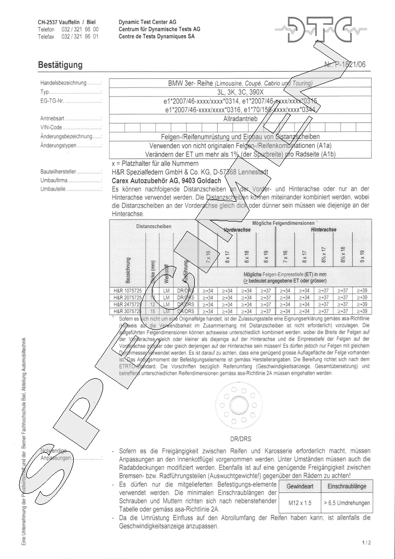 H&R DTC Zertifikat - H&R Spurverbreitungen P-1821/06