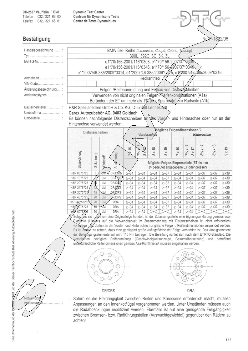 H&R DTC Zertifikat - H&R Spurverbreitungen P-1822/06