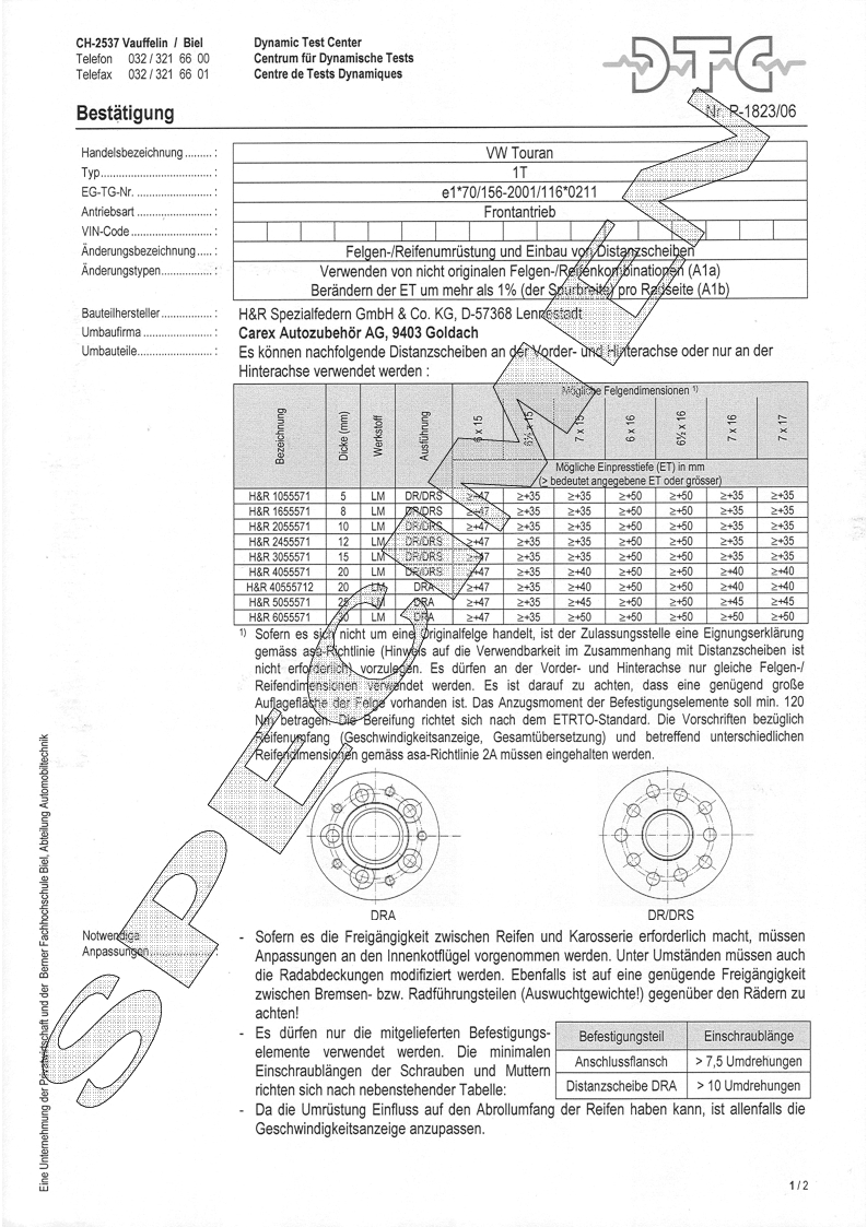 H&R DTC Zertifikat - H&R Spurverbreitungen P-1823/06