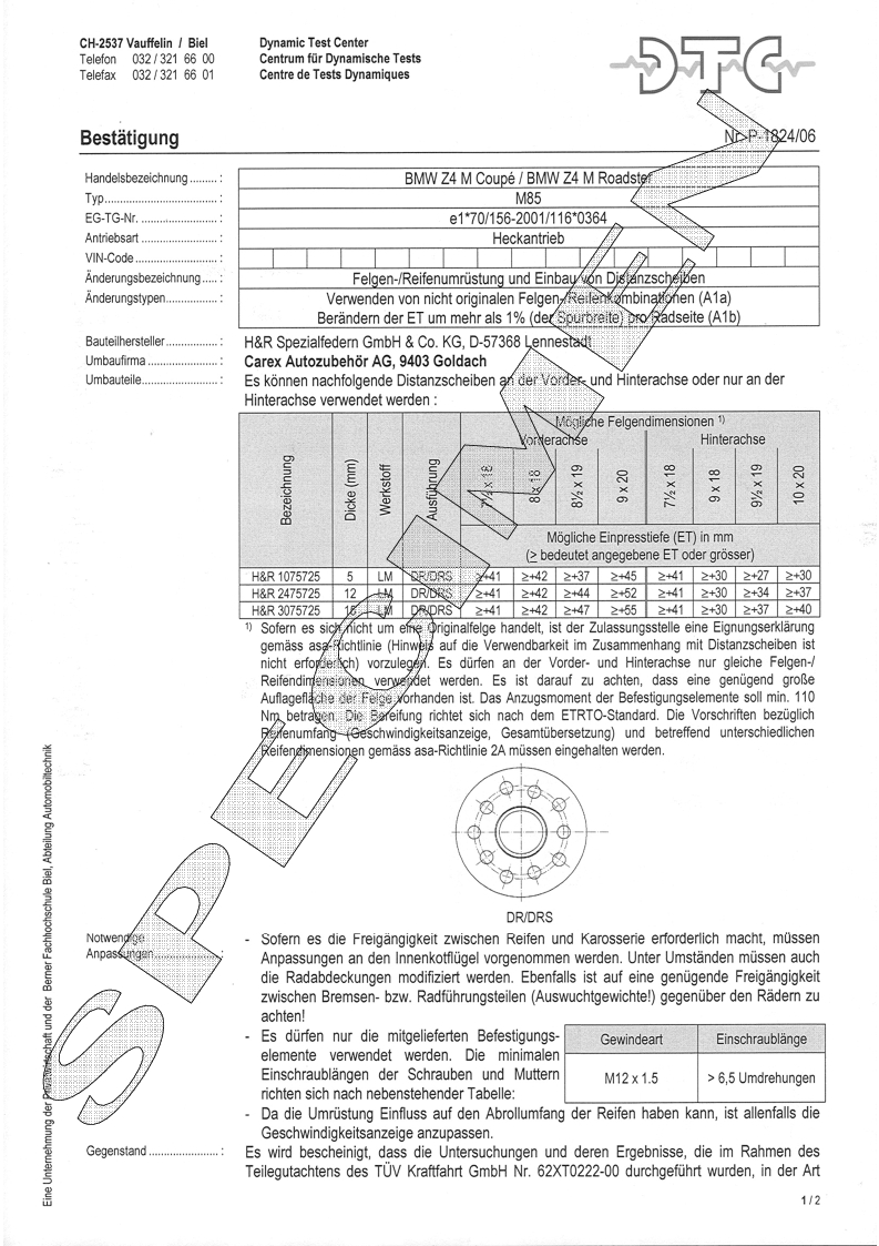 H&R DTC Zertifikat - H&R Spurverbreitungen P-1824/06
