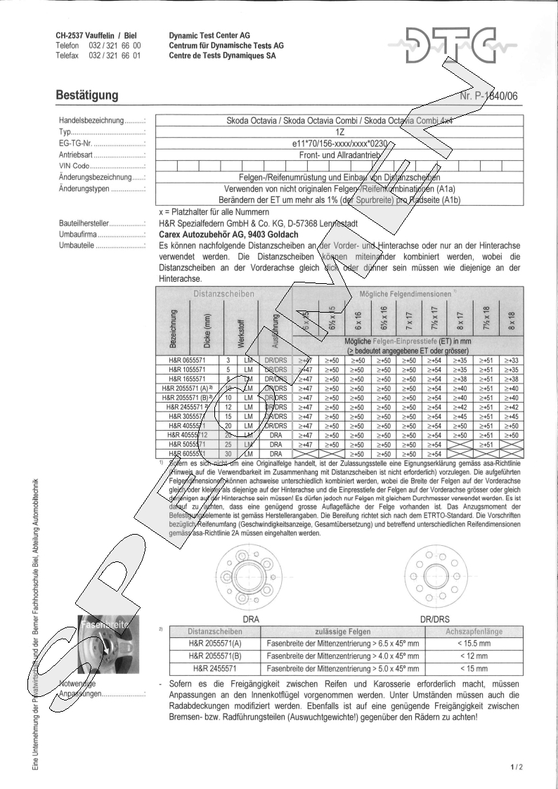 H&R DTC Zertifikat - H&R Spurverbreitungen P-1840/06