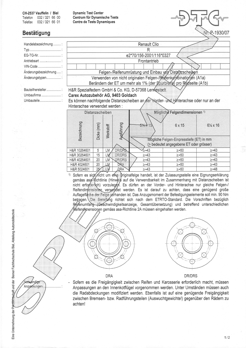H&R DTC Zertifikat - H&R Spurverbreitungen P-1930/07