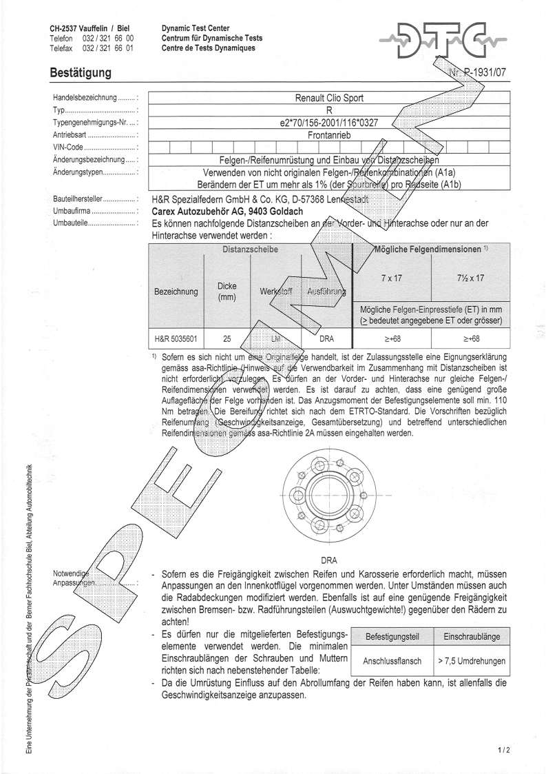 H&R DTC Zertifikat - H&R Spurverbreitungen P-1931/07