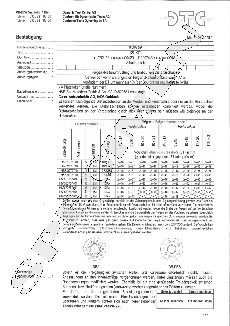 H&R DTC Zertifikat - H&R Spurverbreitungen P-2011/07
