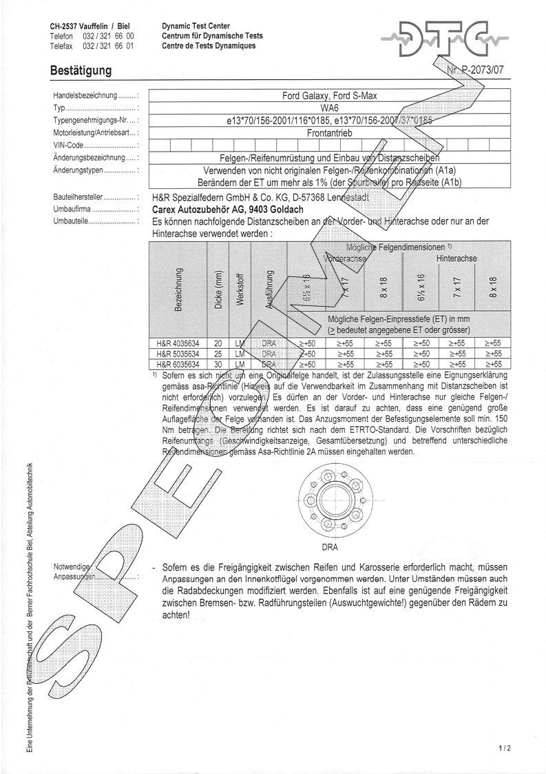 H&R DTC Zertifikat - H&R Spurverbreitungen P-2073/07