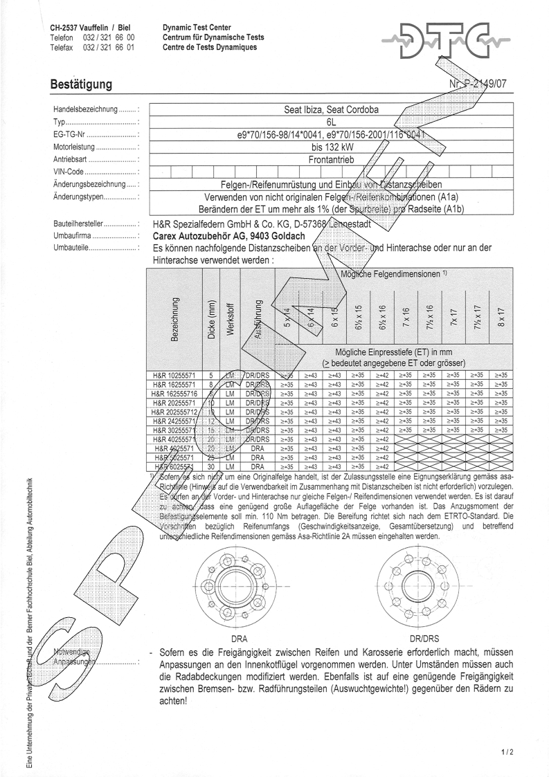 H&R DTC Zertifikat - H&R Spurverbreitungen P-2149/07