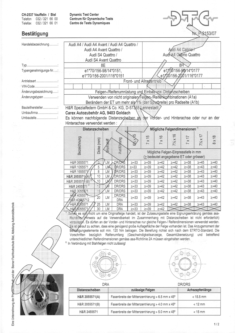 H&R DTC Zertifikat - H&R Spurverbreitungen P-2153/07