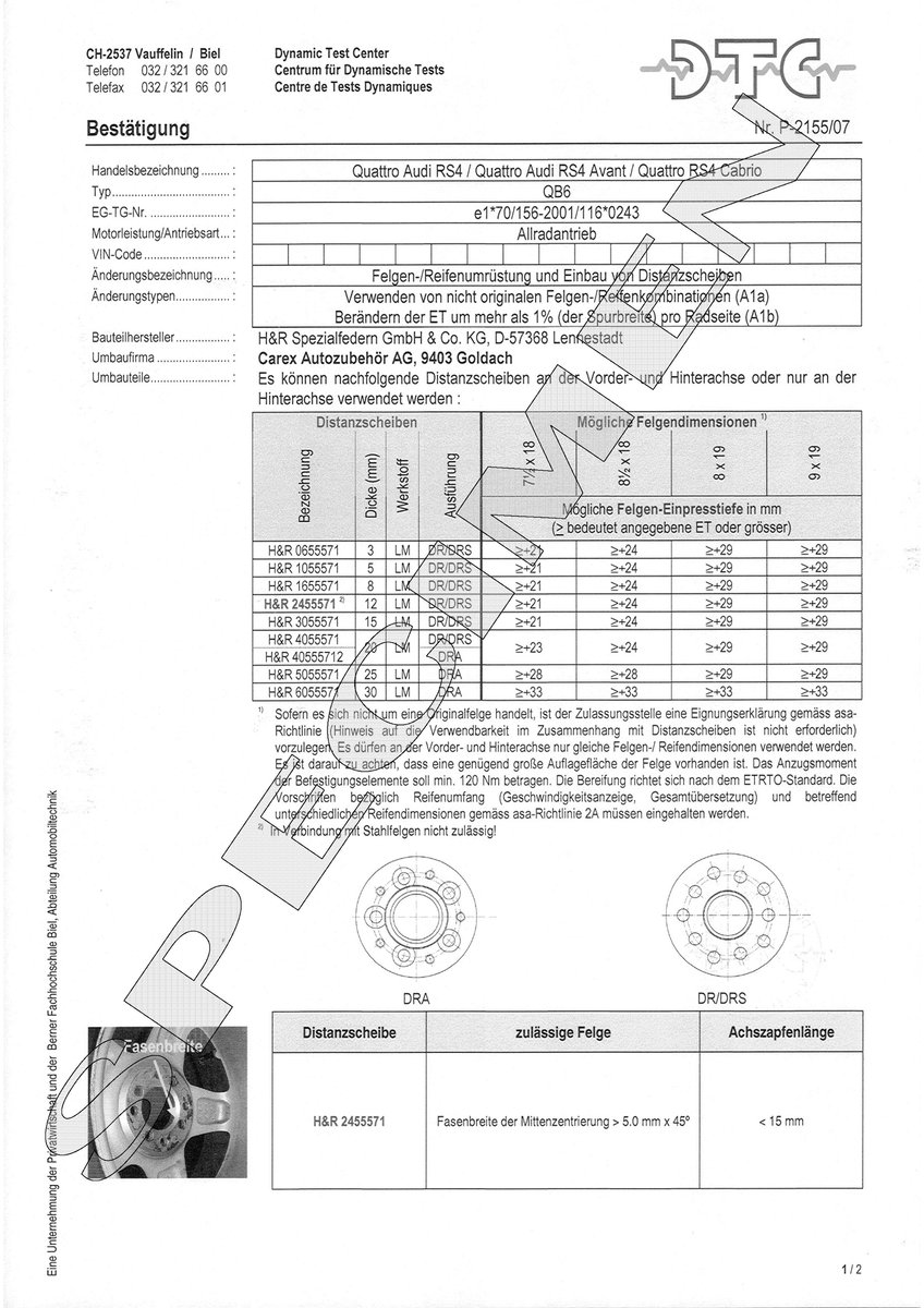 H&R DTC Zertifikat - H&R Spurverbreitungen P-2155/07