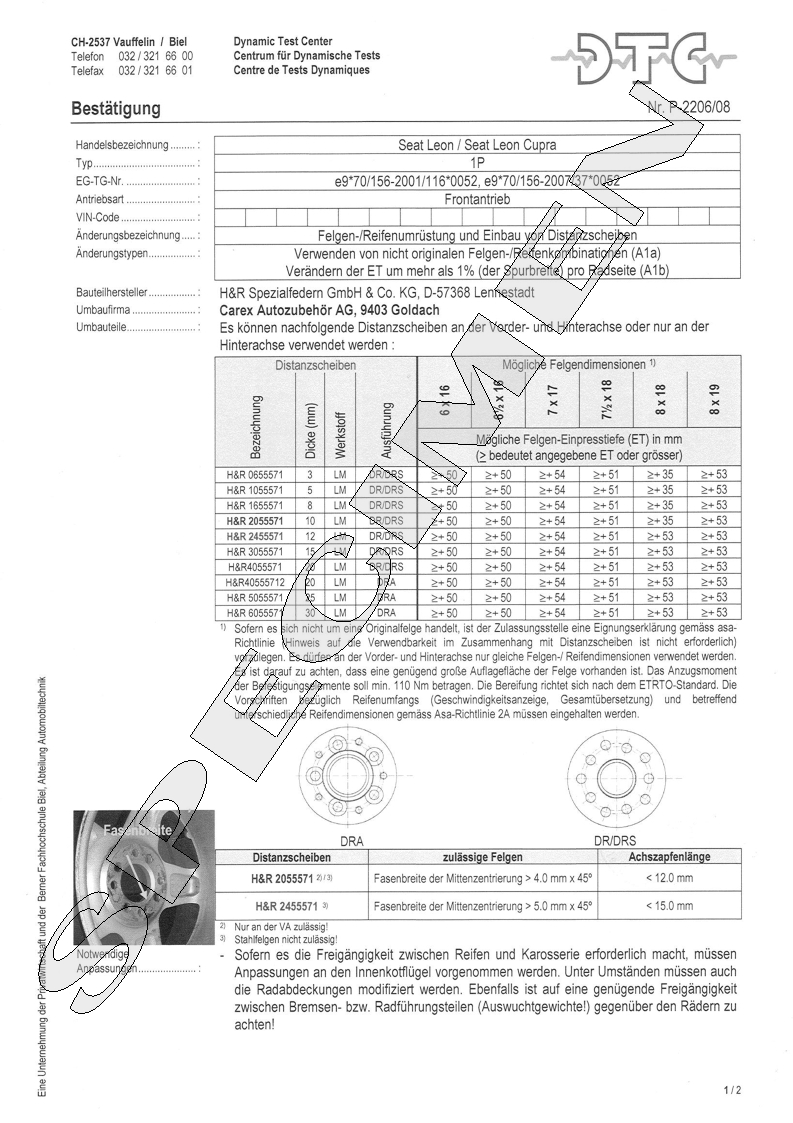 H&R DTC Zertifikat - H&R Spurverbreitungen P-2206/08