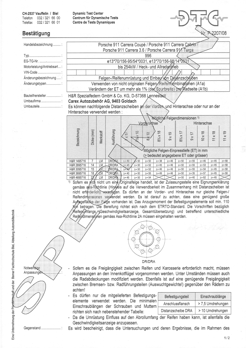 H&R DTC Zertifikat - H&R Spurverbreitungen P-2207/08