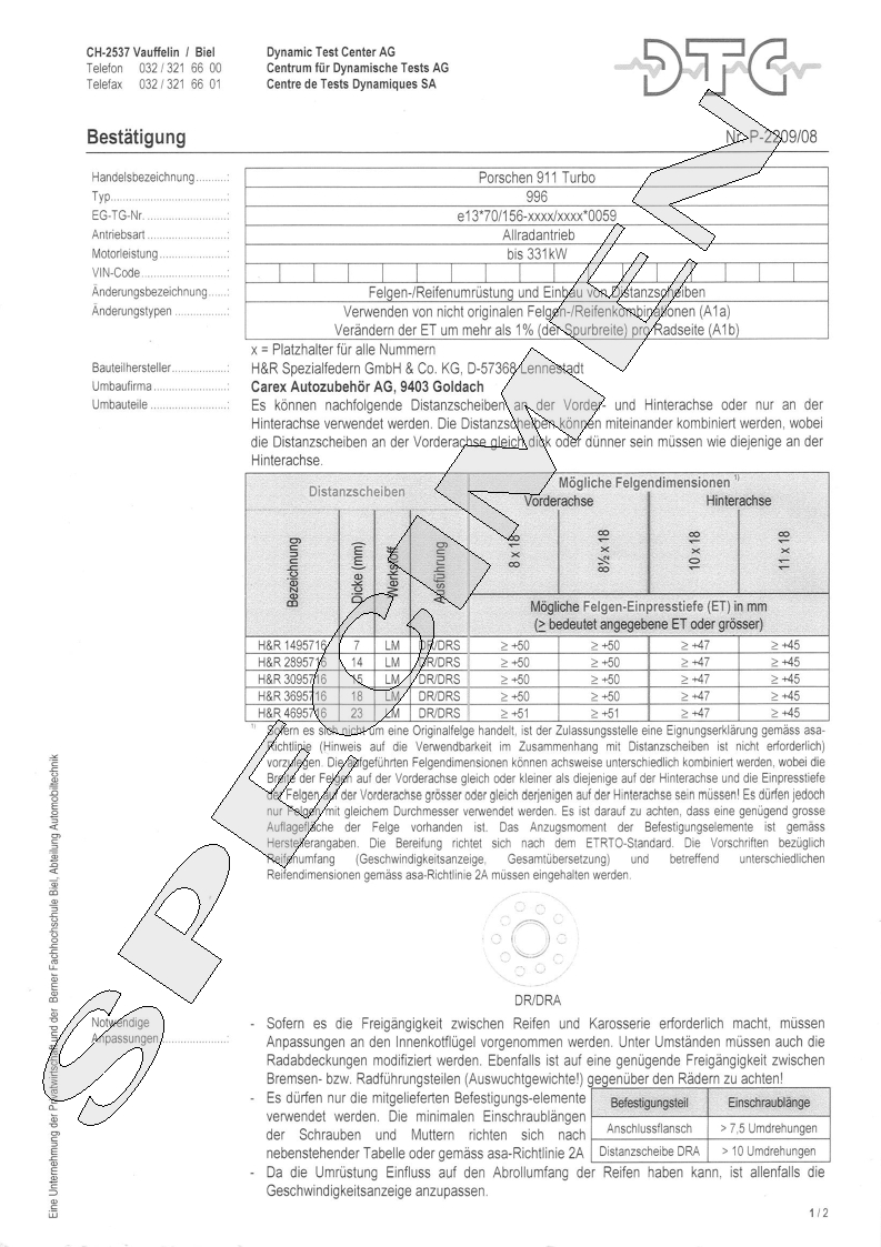 H&R DTC Zertifikat - H&R Spurverbreitungen P-2209/08
