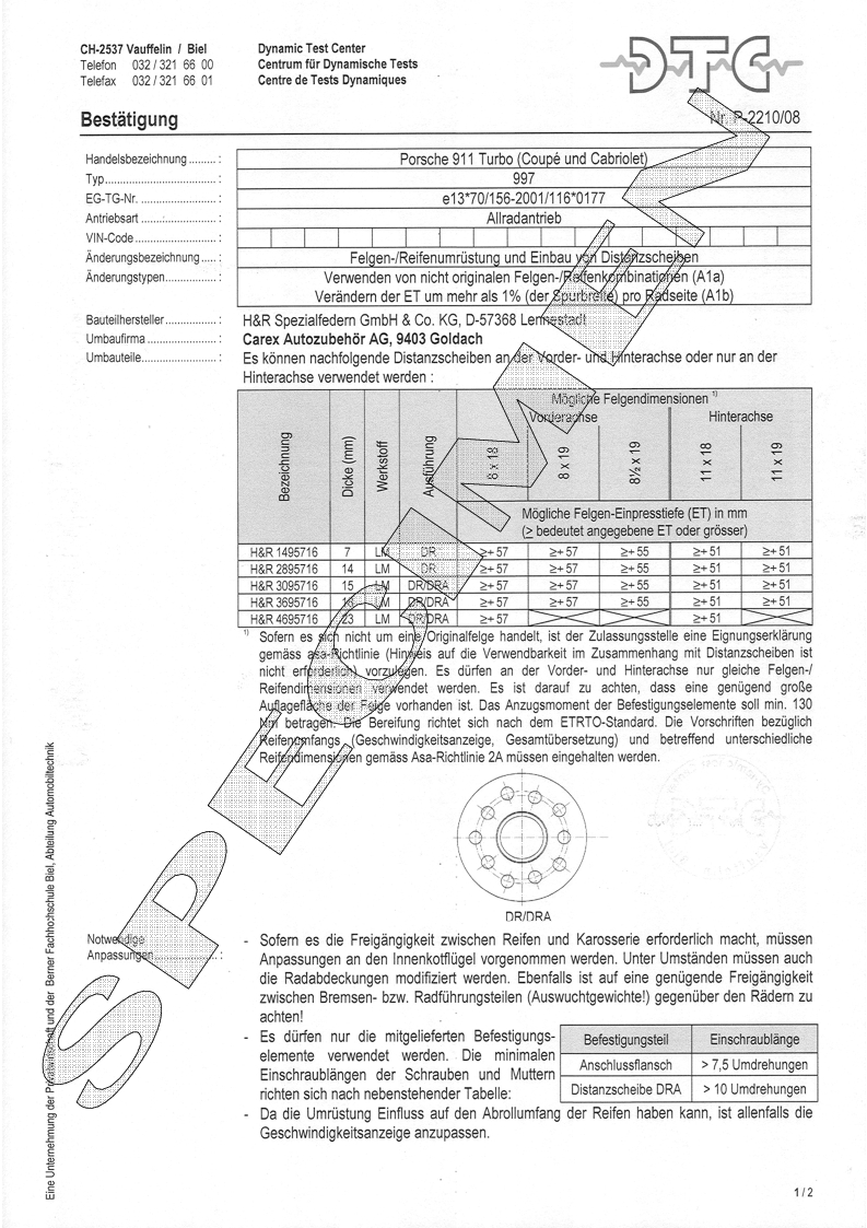 H&R DTC Zertifikat - H&R Spurverbreitungen P-2210/08