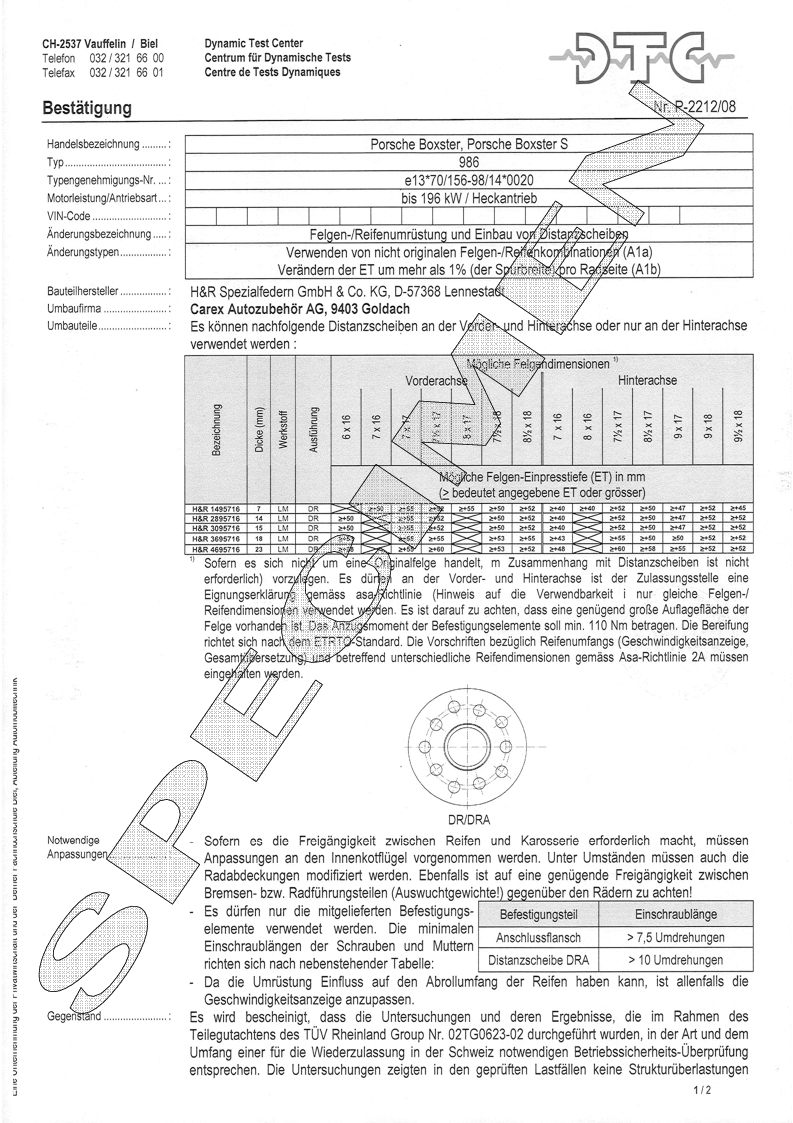 H&R DTC Zertifikat - H&R Spurverbreitungen P-2212/08
