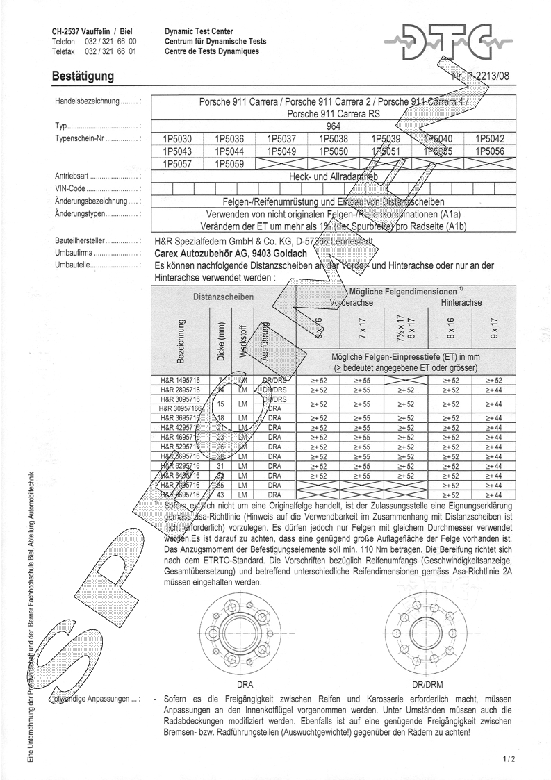 H&R DTC Zertifikat - H&R Spurverbreitungen P-2213/08