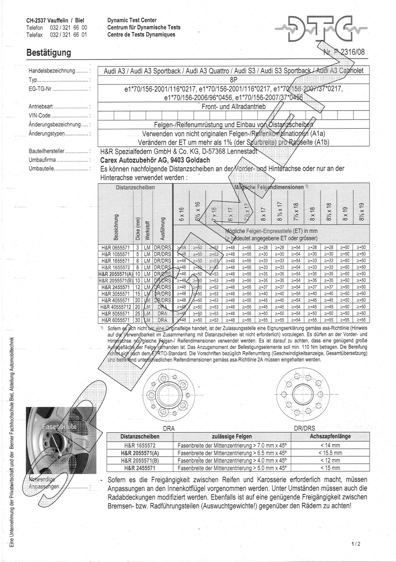 H&R DTC Zertifikat - H&R Spurverbreitungen P-2316/08