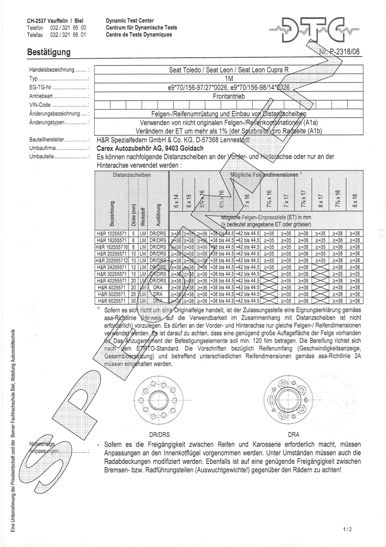 H&R DTC Zertifikat - H&R Spurverbreitungen P-2318/08