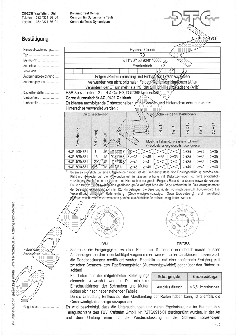 H&R DTC Zertifikat - H&R Spurverbreitungen P-2405/08