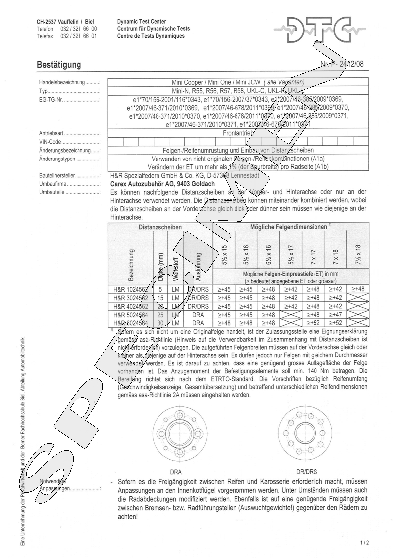H&R DTC Zertifikat - H&R Spurverbreitungen P-2412/08