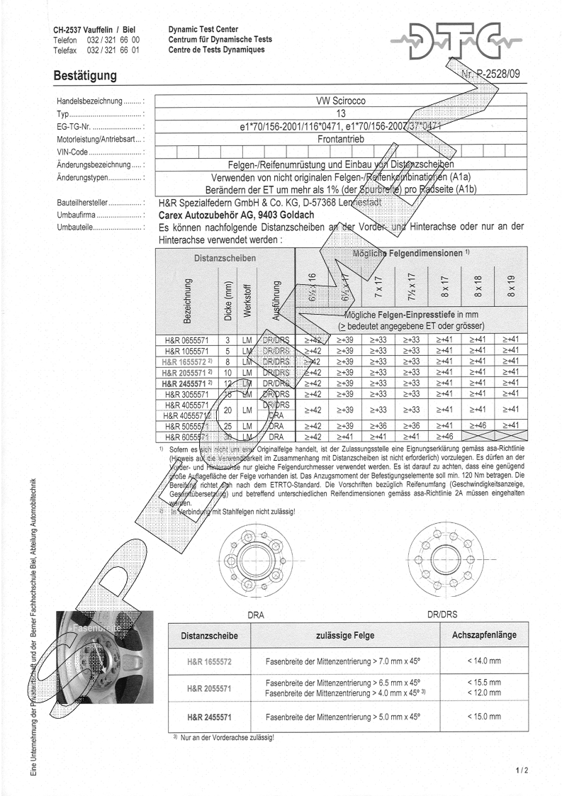 H&R DTC Zertifikat - H&R Spurverbreitungen P-2528/09