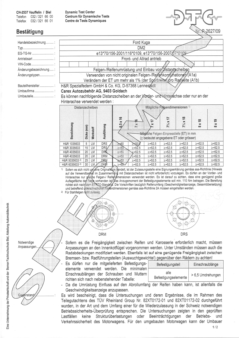H&R DTC Zertifikat - H&R Spurverbreitungen P-2627/09