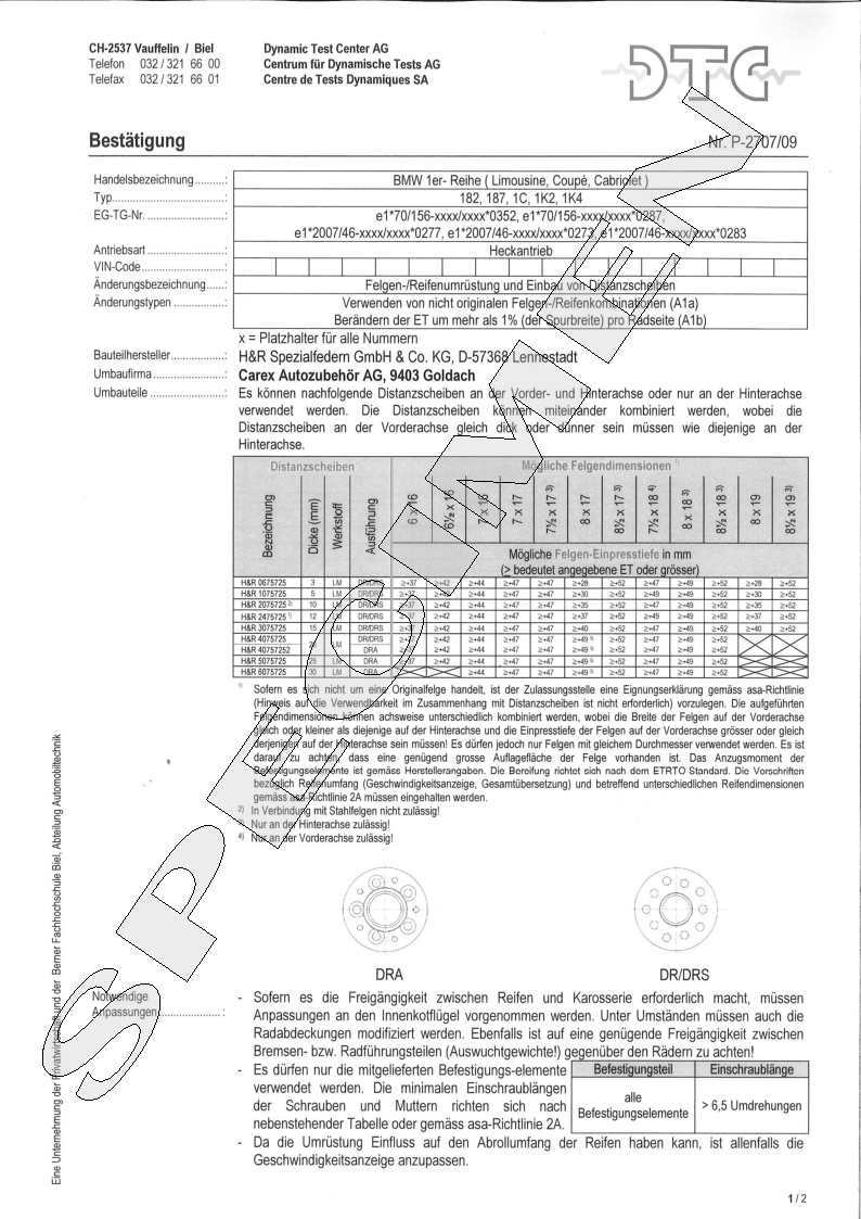 H&R DTC Zertifikat - H&R Spurverbreitungen P-2707/09