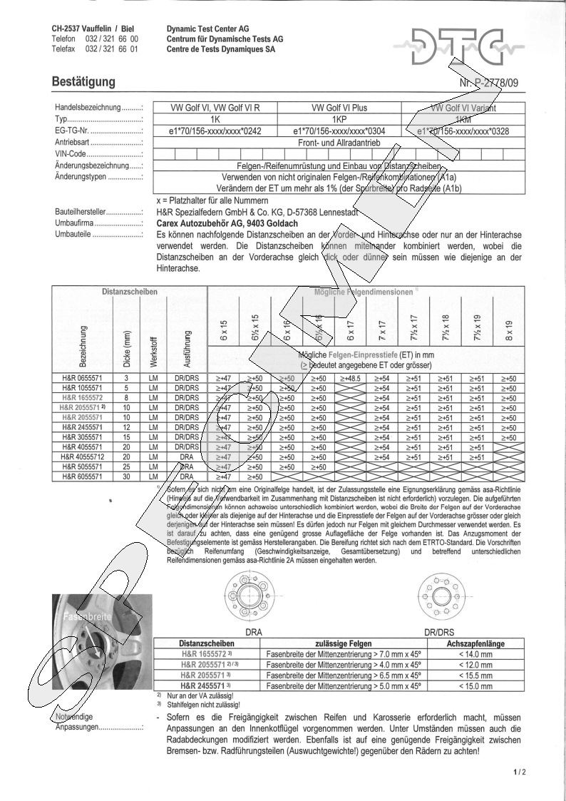 H&R DTC Zertifikat - H&R Spurverbreitungen P-2778/09