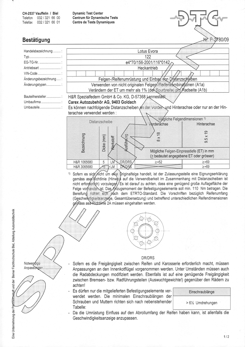 H&R DTC Zertifikat - H&R Spurverbreitungen P-2780/09
