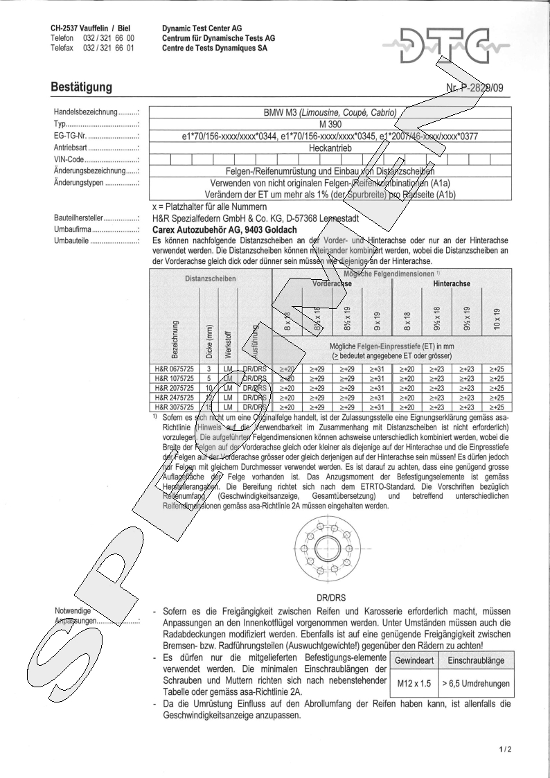 H&R DTC Zertifikat - H&R Spurverbreitungen P-2829/09
