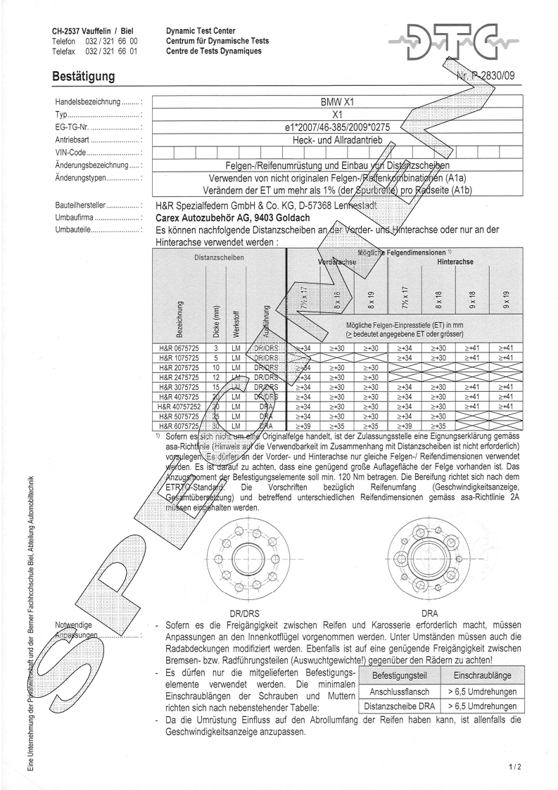H&R DTC Zertifikat - H&R Spurverbreitungen P-2830/09