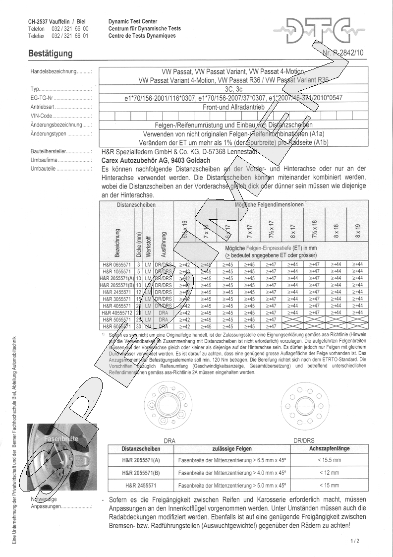 H&R DTC Zertifikat - H&R Spurverbreitungen P-2842/10