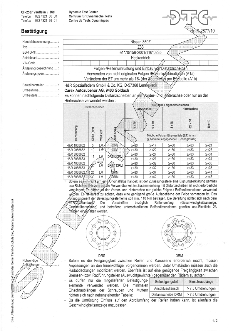 H&R DTC Zertifikat - H&R Spurverbreitungen P-2877/10