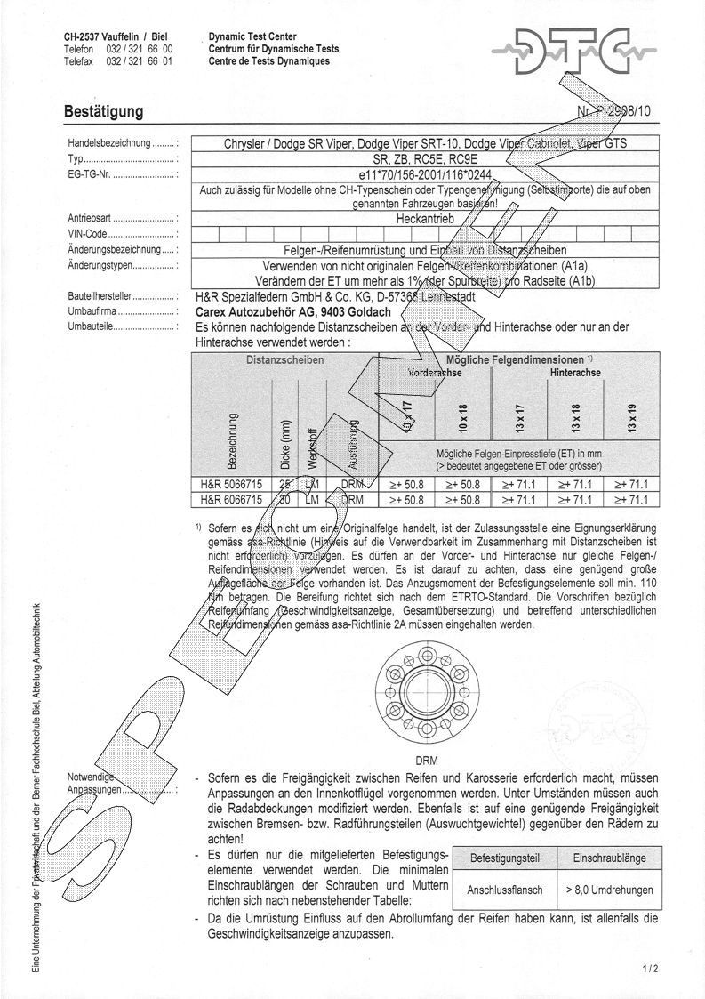 H&R DTC Zertifikat - H&R Spurverbreitungen P-2908/10