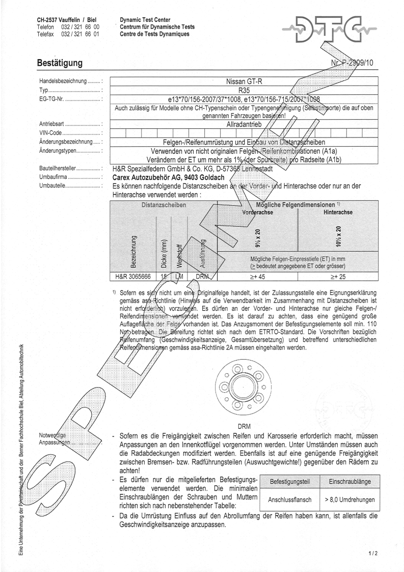H&R DTC Zertifikat - H&R Spurverbreitungen P-2909/10