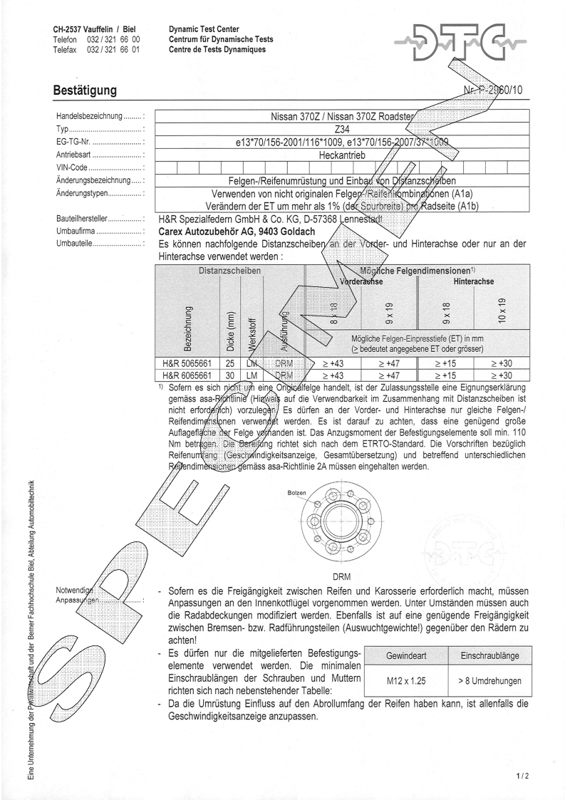 H&R DTC Zertifikat - H&R Spurverbreitungen P-2960/10