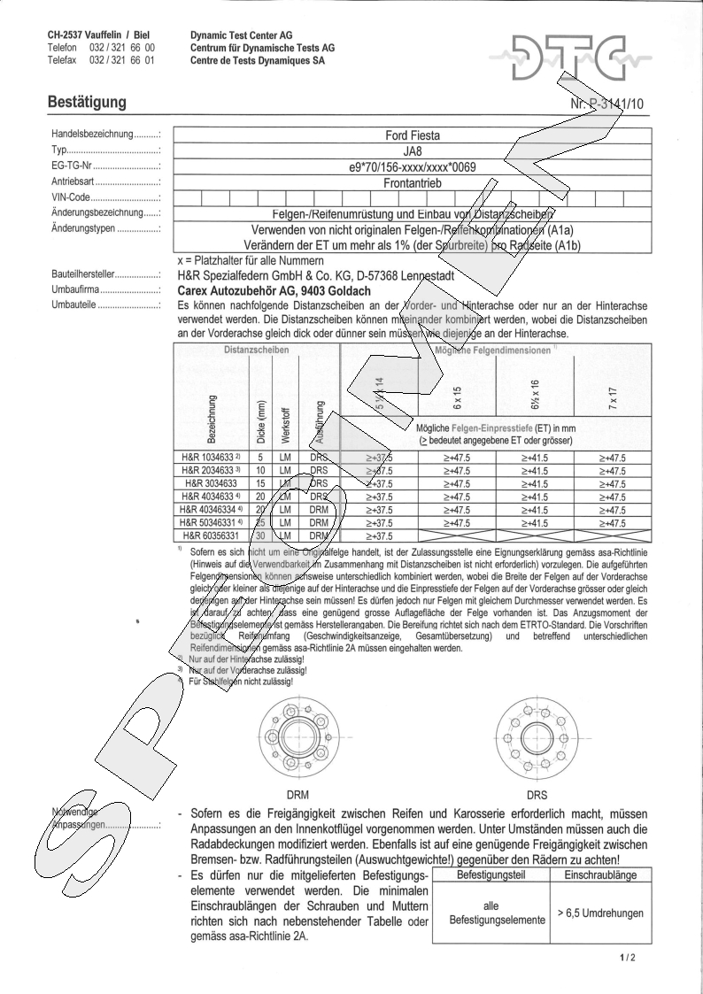 H&R DTC Zertifikat - H&R Spurverbreitungen P-3141/10
