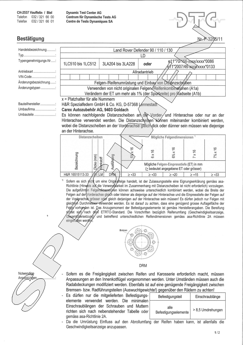 H&R DTC Zertifikat - H&R Spurverbreitungen P-3285/11
