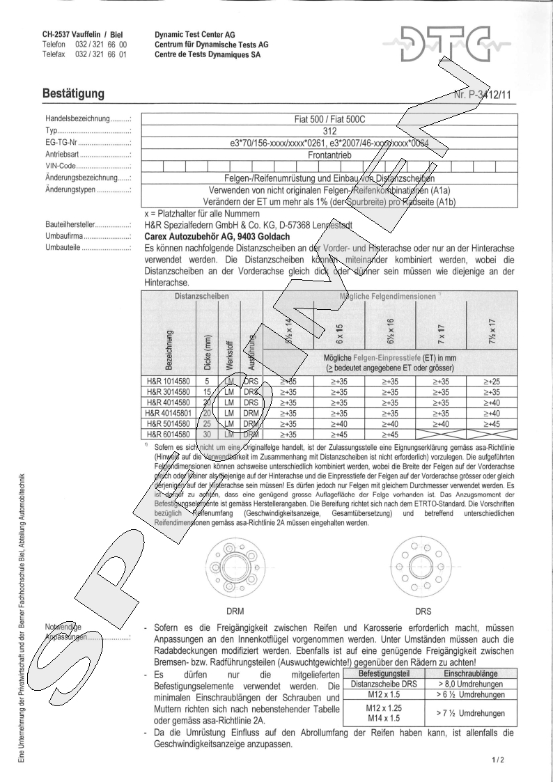 H&R DTC Zertifikat - H&R Spurverbreitungen P-3412/11