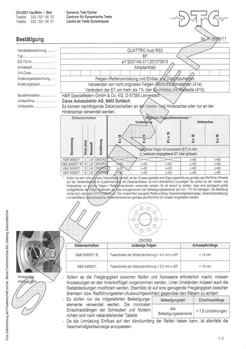 H&R DTC Zertifikat - H&R Spurverbreitungen P-3668/11