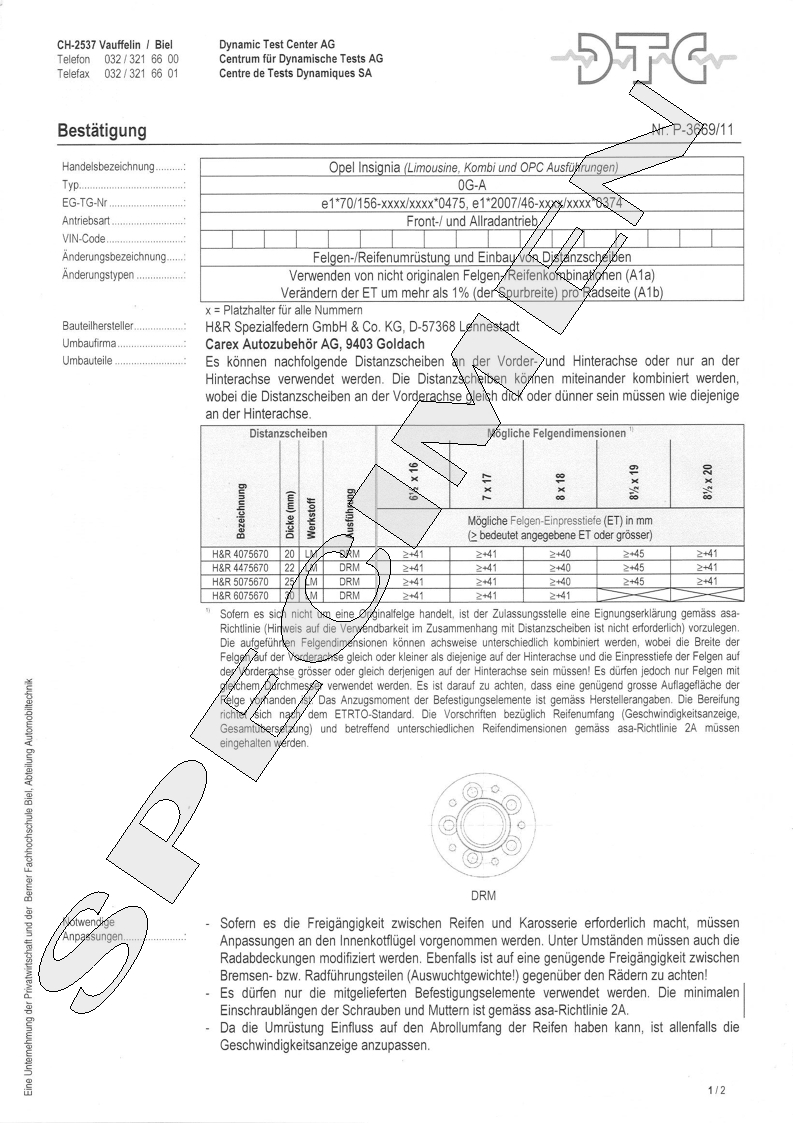 H&R DTC Zertifikat - H&R Spurverbreitungen P-3669/11