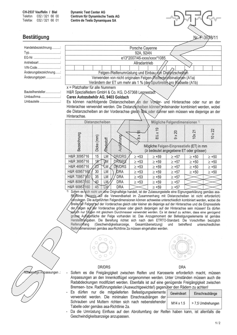 H&R DTC Zertifikat - H&R Spurverbreitungen P-3678/11