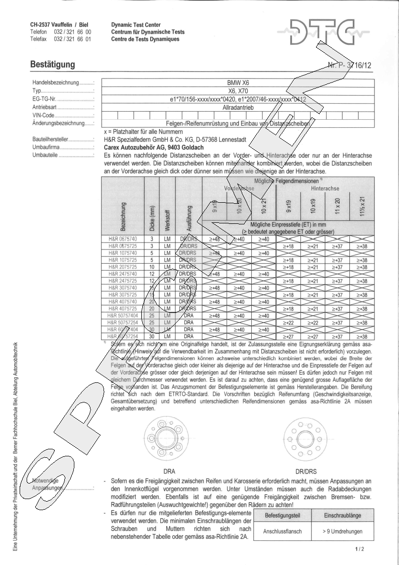 H&R DTC Zertifikat - H&R Spurverbreitungen P-3716/12