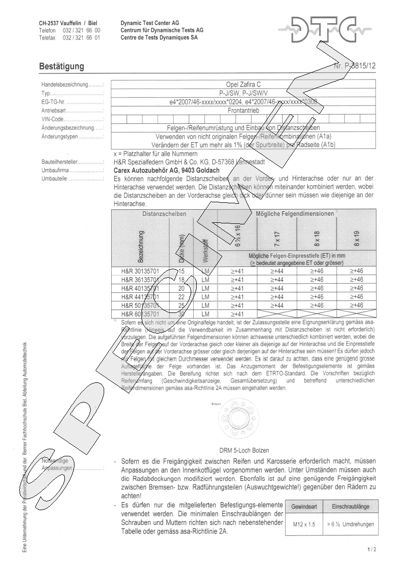H&R DTC Zertifikat - H&R Spurverbreitungen P-3815/12