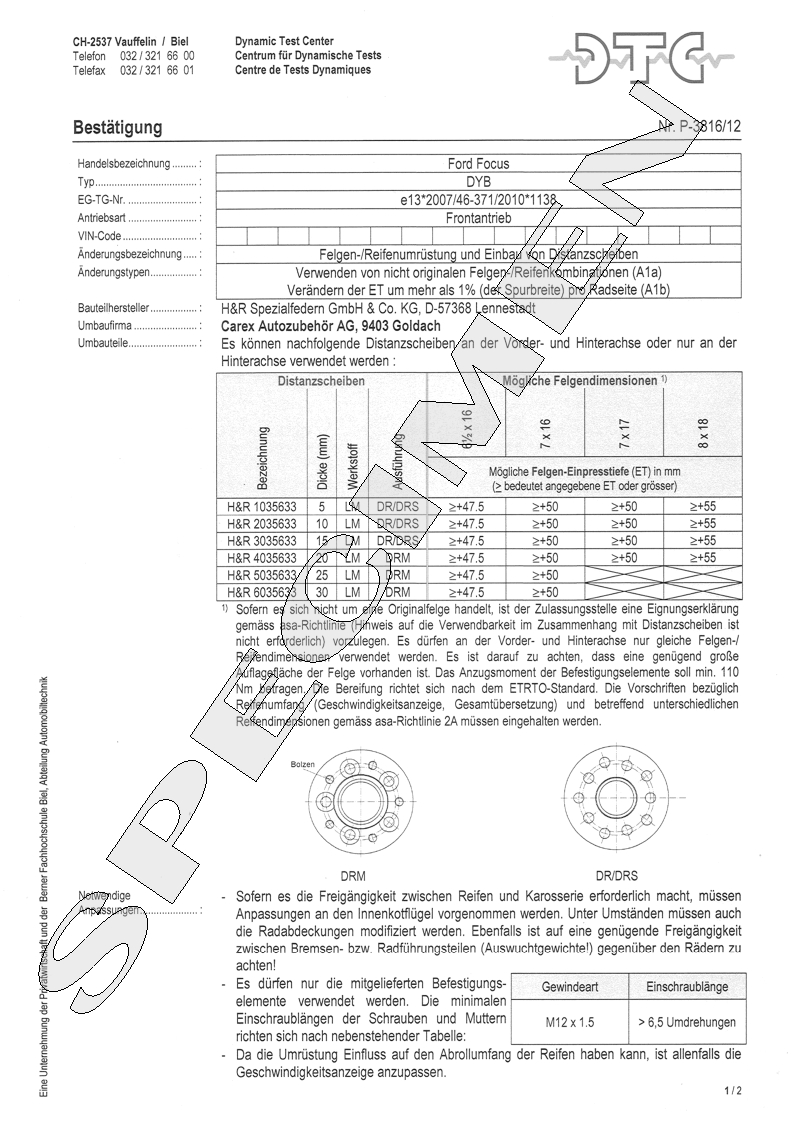 H&R DTC Zertifikat - H&R Spurverbreitungen P-3816/12